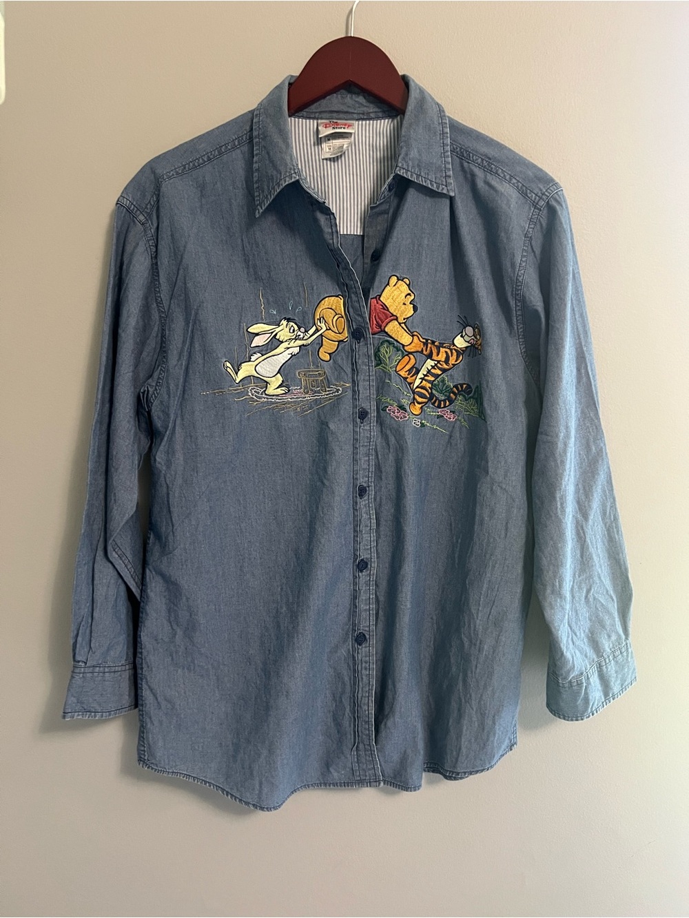 Vintage Denim Button-Up Shirt with Winnie the Pooh & Tigger Embroidery